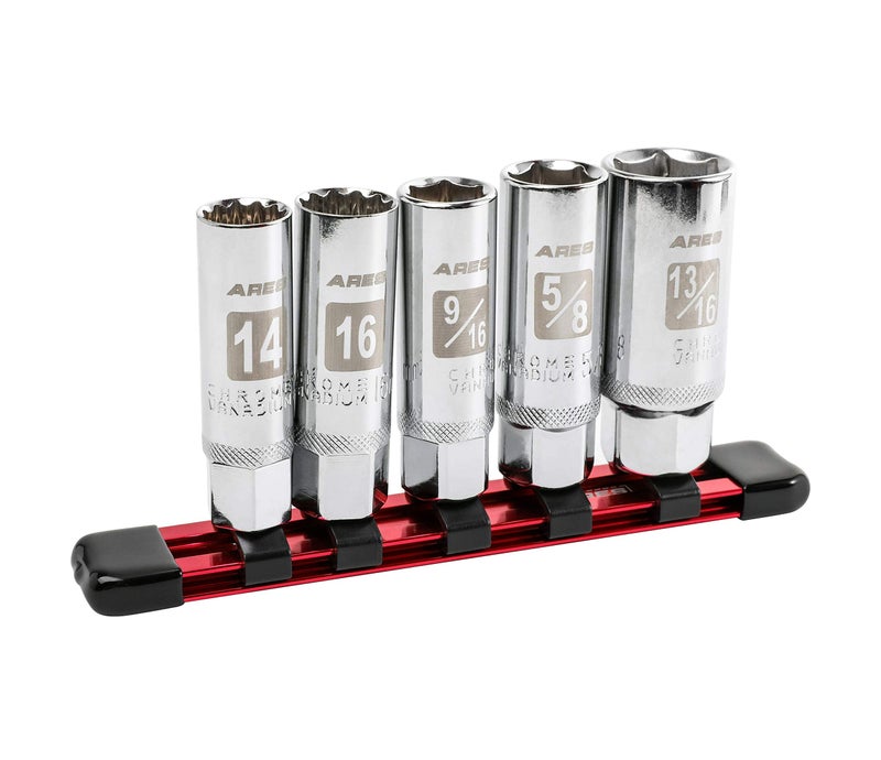 ARES 110165Piece Magnetic Spark Plug Socket Set  Includes 14mm and 16mm Thin Wall Sockets and 916inch 58inch and 1316inch Sockets  Convenient Reusable Storage Rail Included